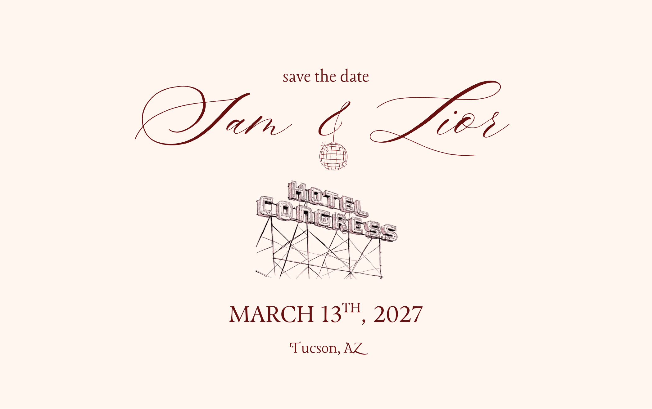 Save the date: Sam and Lior, March 13, 2027, Tucson, AZ